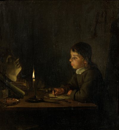 キャンドルライトで描く少年 作： Godfried Schalcken